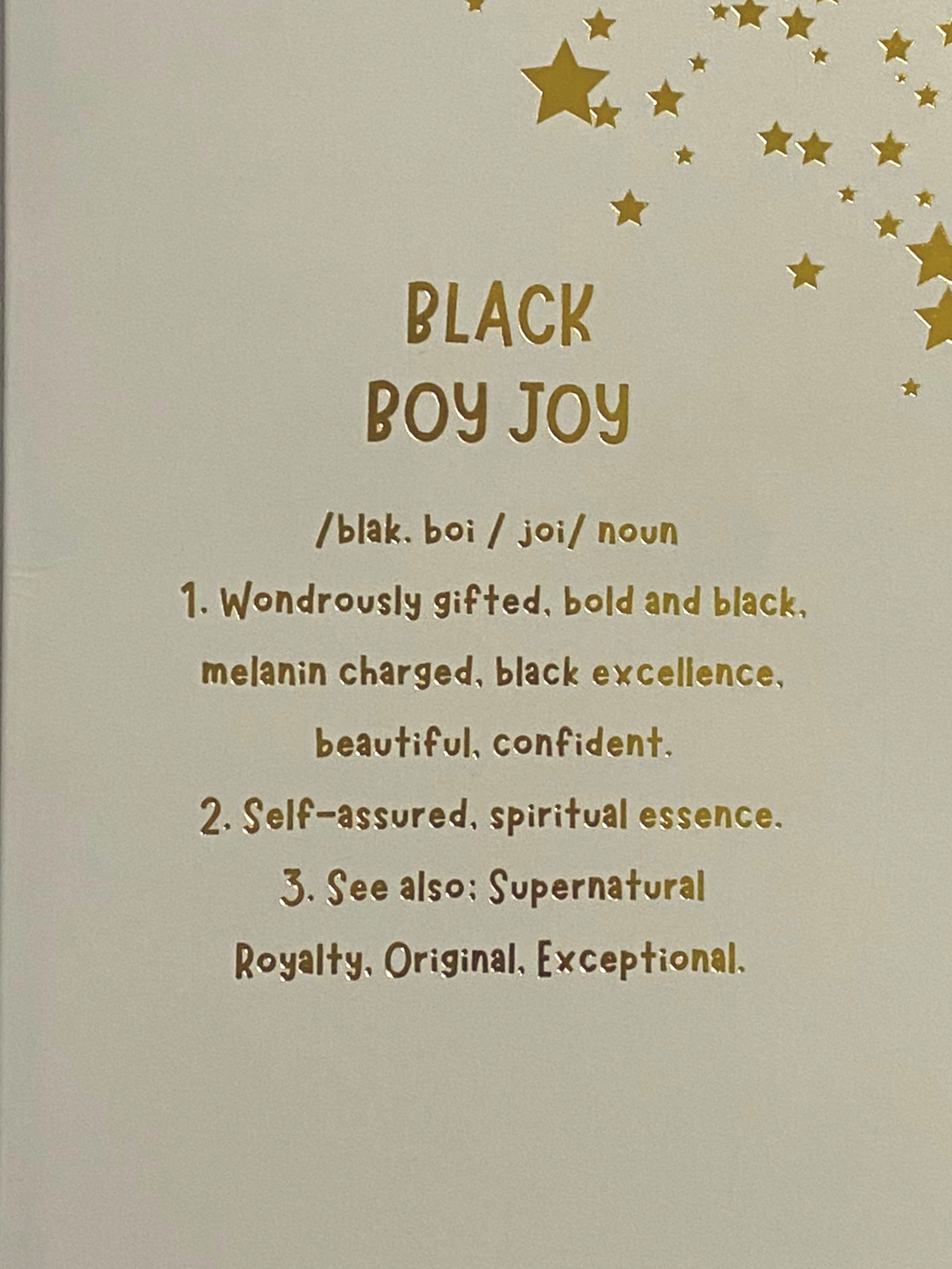 BLACK BOY JOY /blak. boi / joi/noun 1. Wondrously gifted, bold and black, melanin charged, black excellence, beautiful, confident. 2. Self-assured, spiritual essence. 3. See also: Supernatural Royalty, Original, Exceptional.